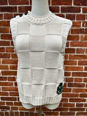 GANNI Cream Checkered Knit Sweater Vest with Green Smiley